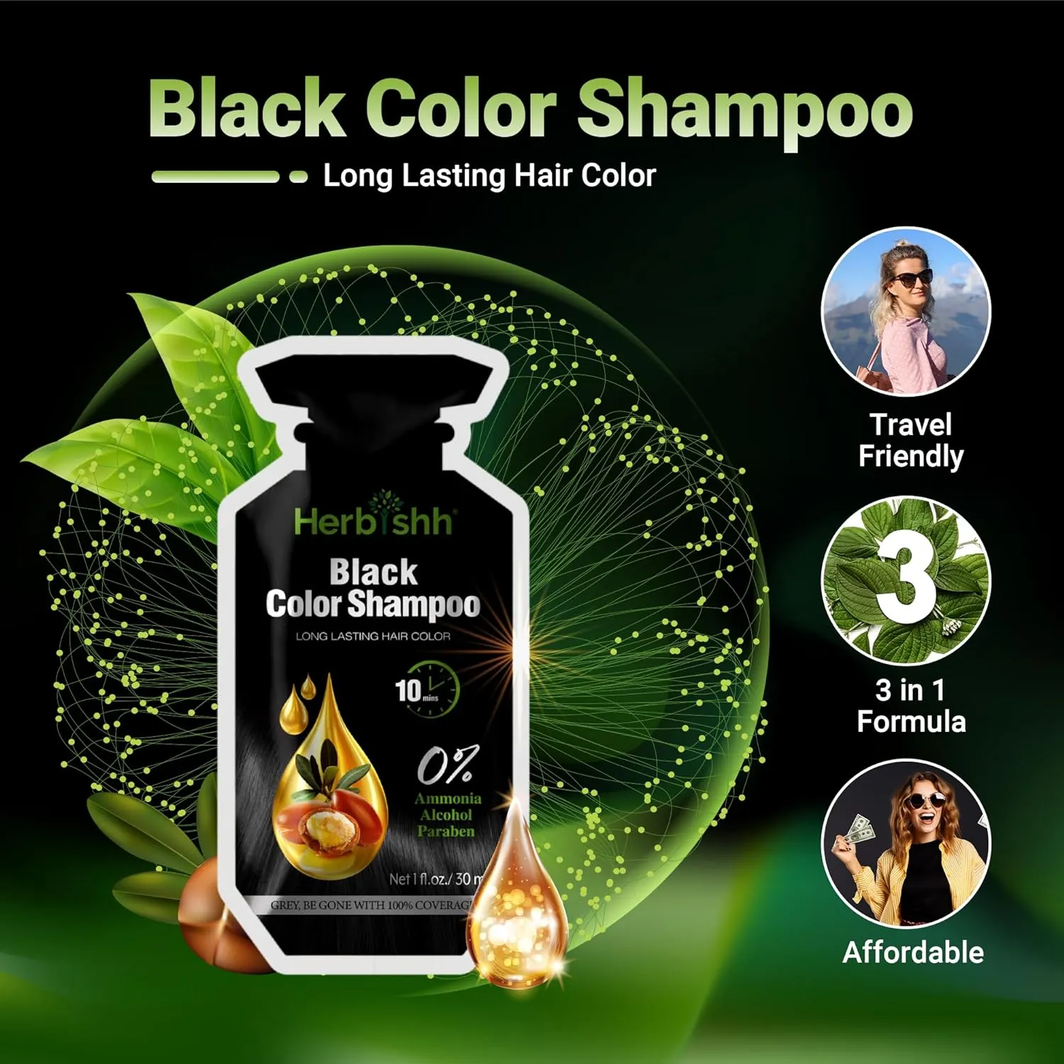 Ammonia Free Black  Hair Color Shampoo 10 Sachet - Herbishh