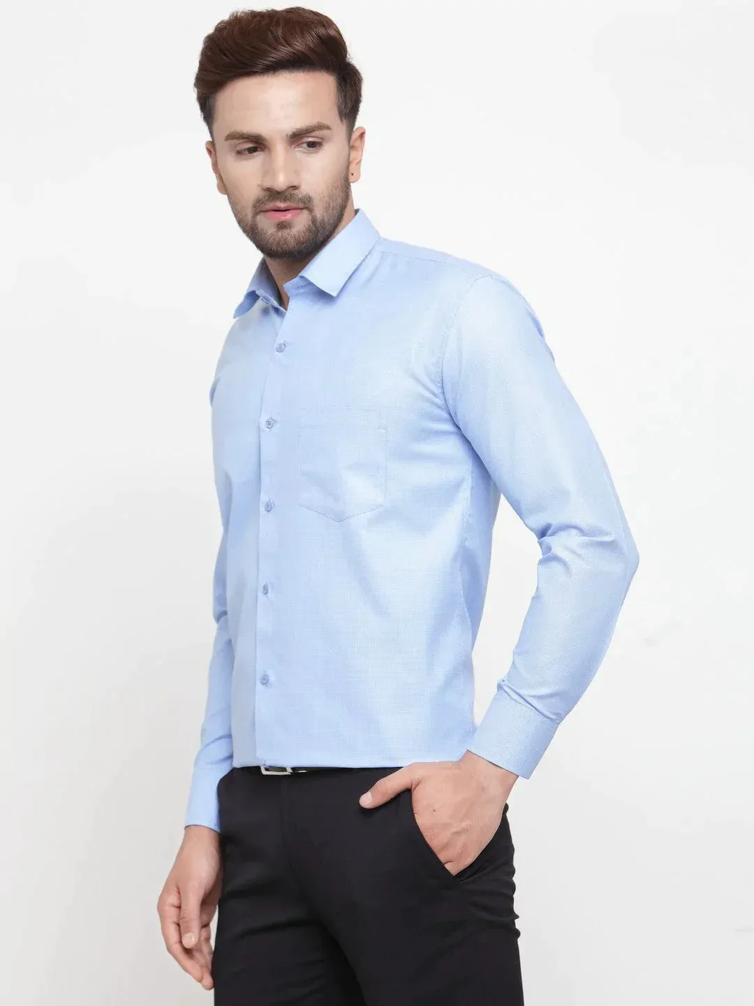 Blue Men's Cotton Geometric Formal Shirts