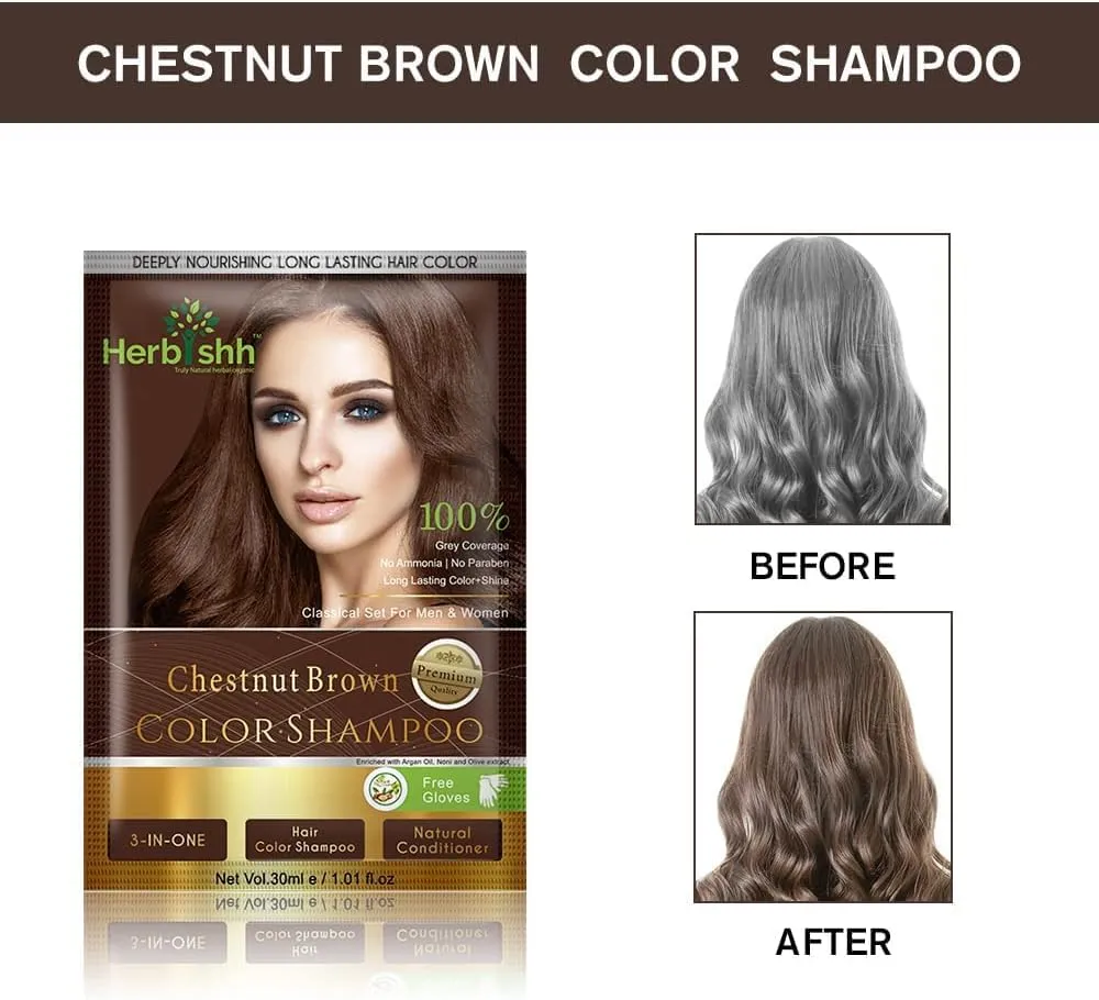 Chestnut Brown Travel size Color Shampoo 10 Sachets - Herbishh