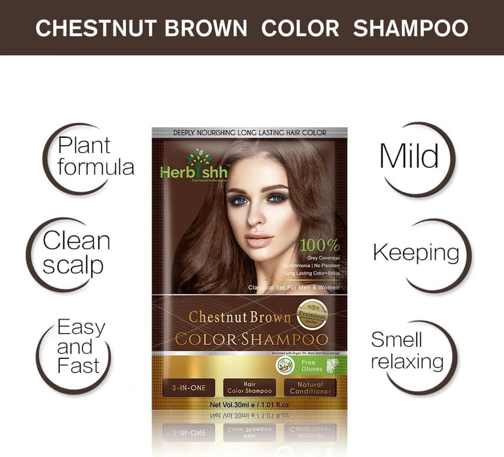 Chestnut Brown Travel size Color Shampoo 10 Sachets - Herbishh