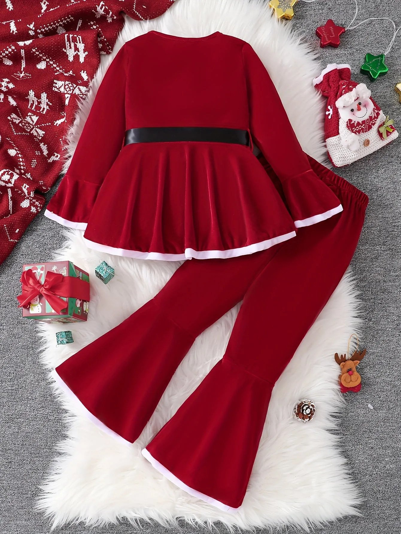 Christmas Set Girls Long Sleeve Peplum Top With Belt   Bell-Bottom Pants Set Holiday Christmas Gift, perfect for  outdoor santa parties