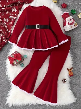 Christmas Set Girls Long Sleeve Peplum Top With Belt   Bell-Bottom Pants Set Holiday Christmas Gift, perfect for  outdoor santa parties