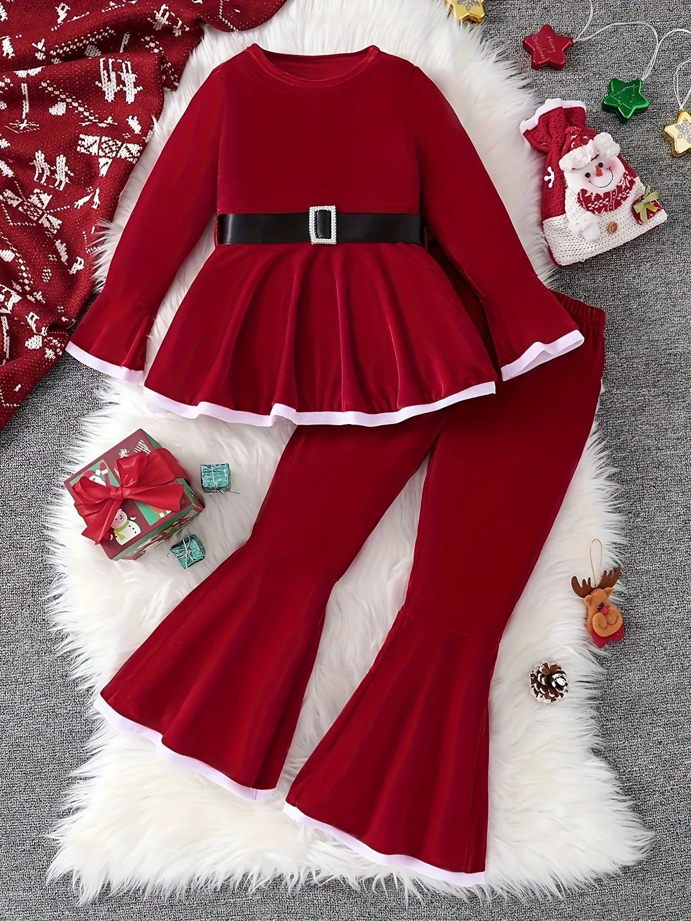 Christmas Set Girls Long Sleeve Peplum Top With Belt   Bell-Bottom Pants Set Holiday Christmas Gift, perfect for  outdoor santa parties