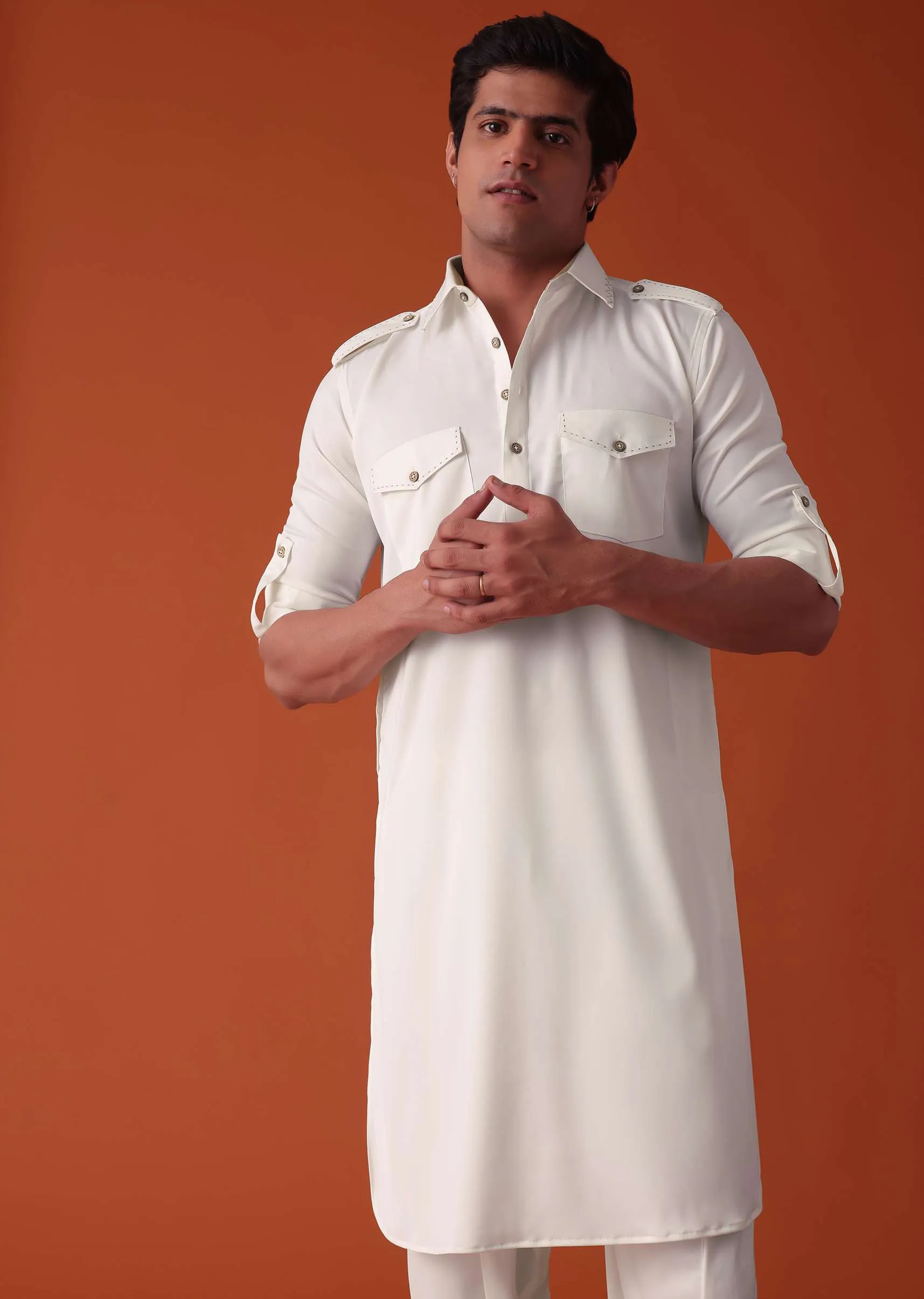 Daisy White Pathani Kurta Set In Terry Rayon