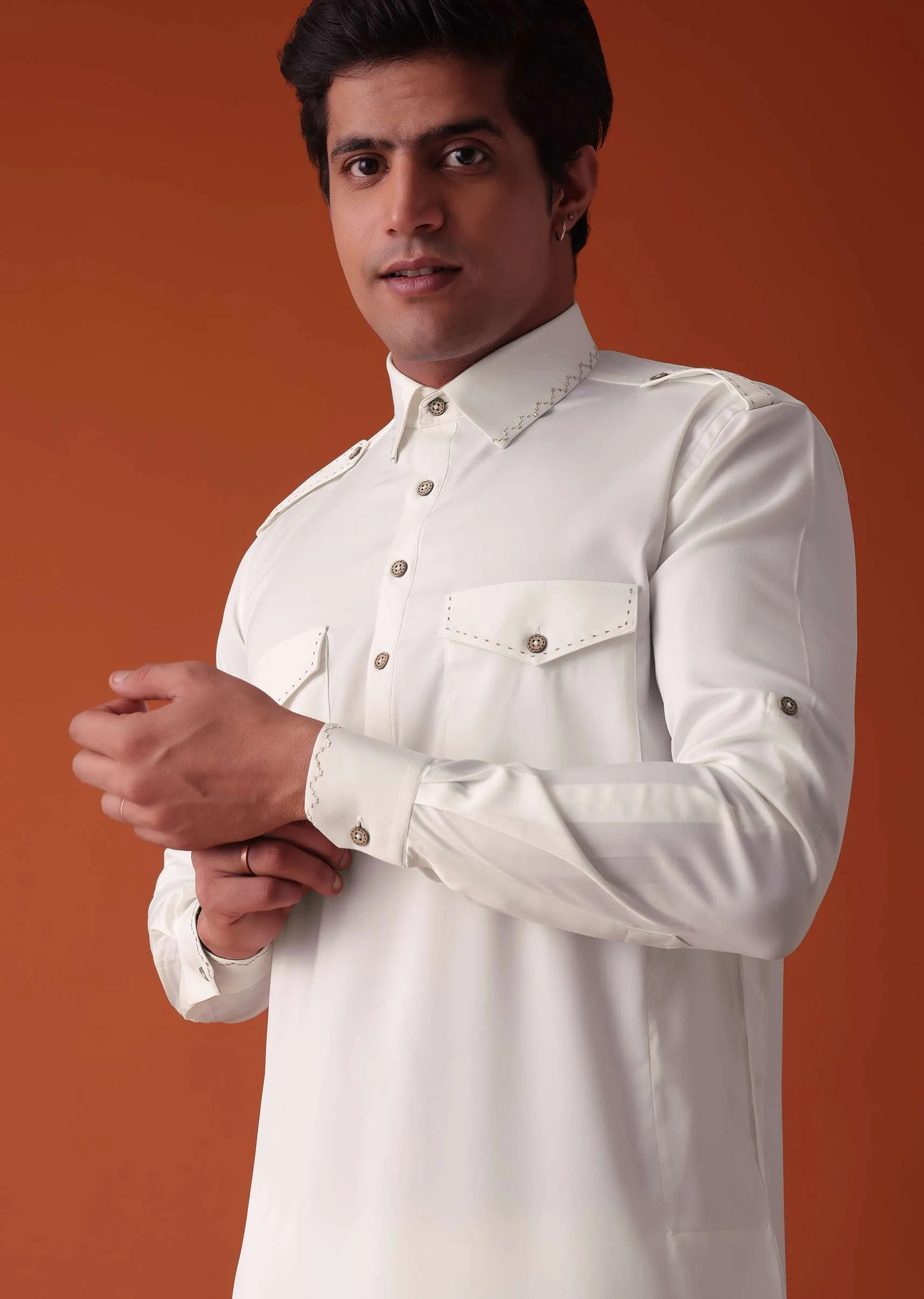 Daisy White Pathani Kurta Set In Terry Rayon