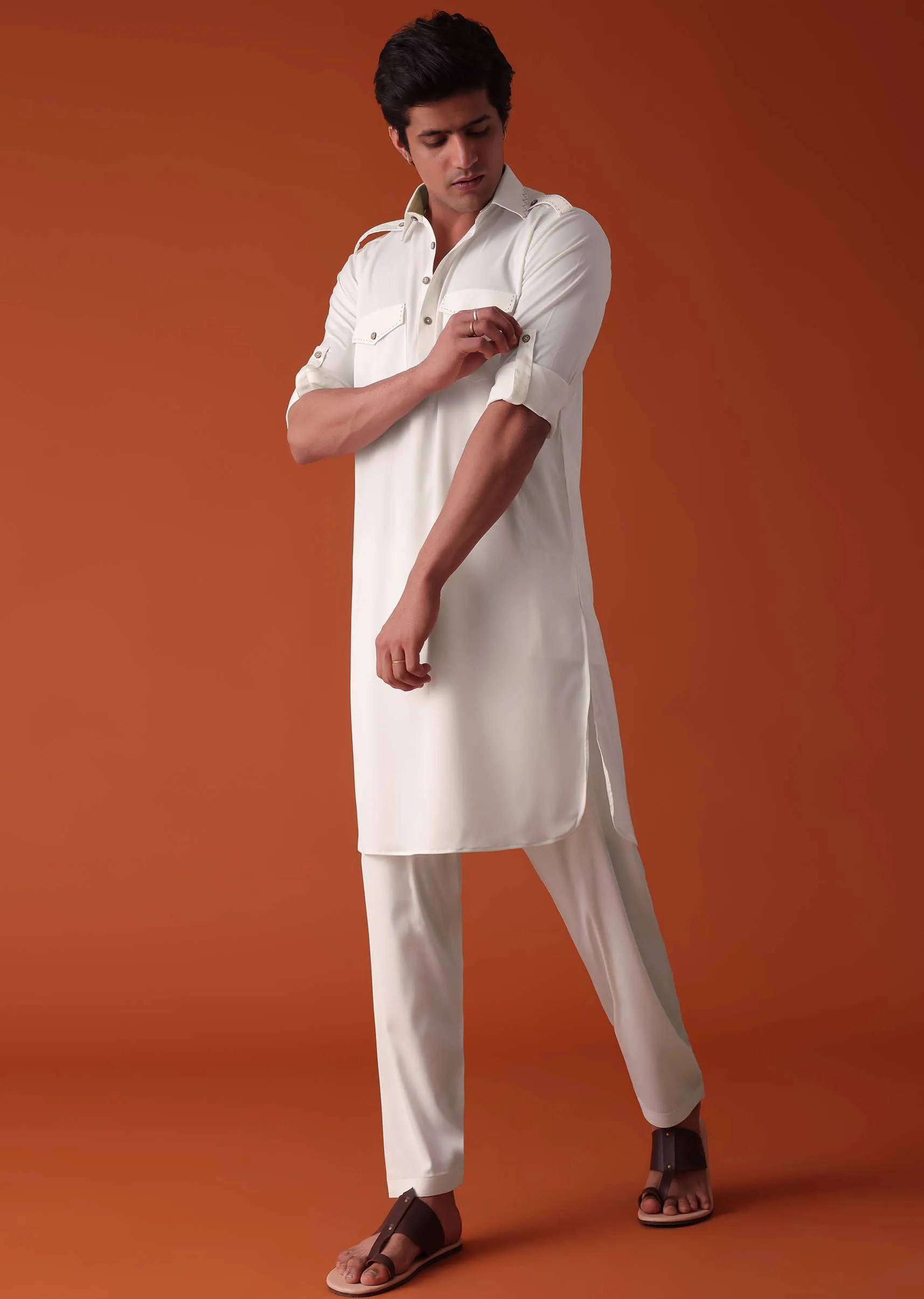 Daisy White Pathani Kurta Set In Terry Rayon