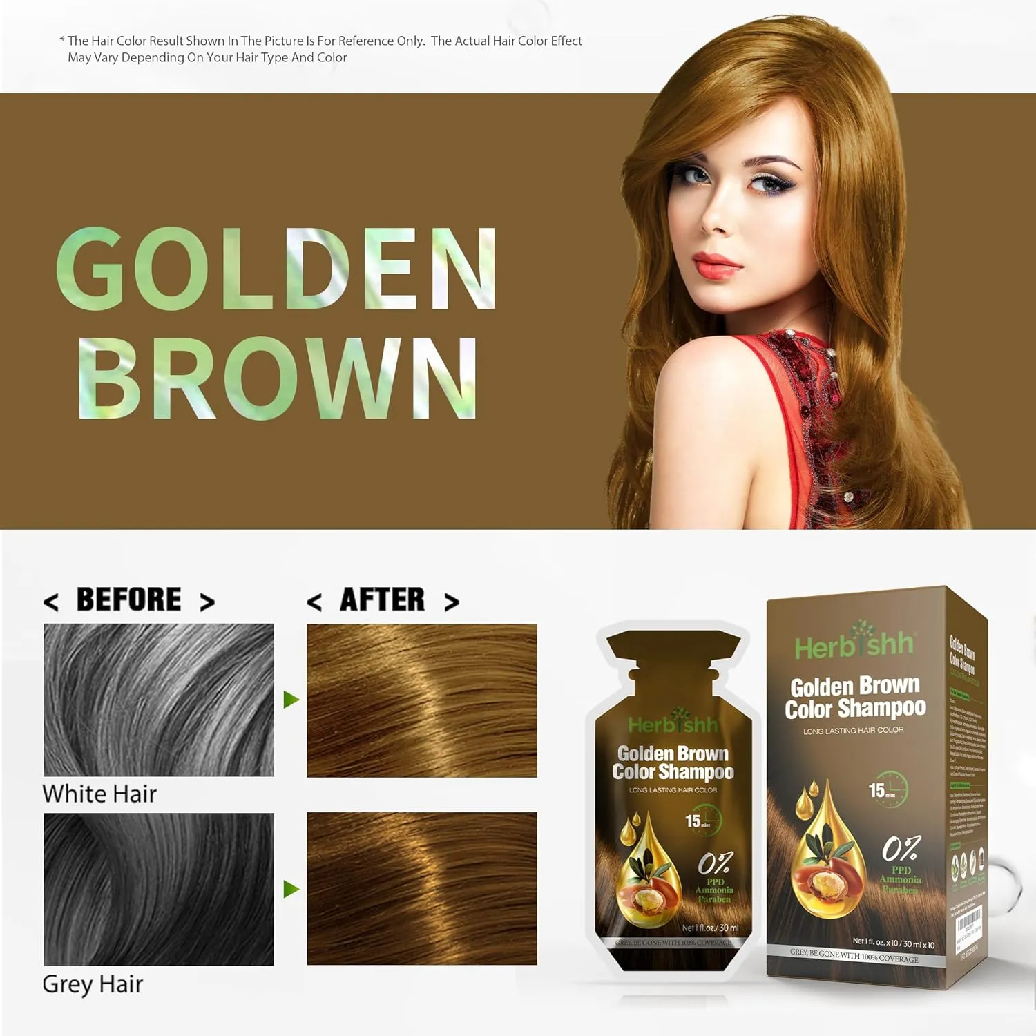 PPD Free Golden Brown  Hair Color Shampoo 10 Sachet - Herbishh