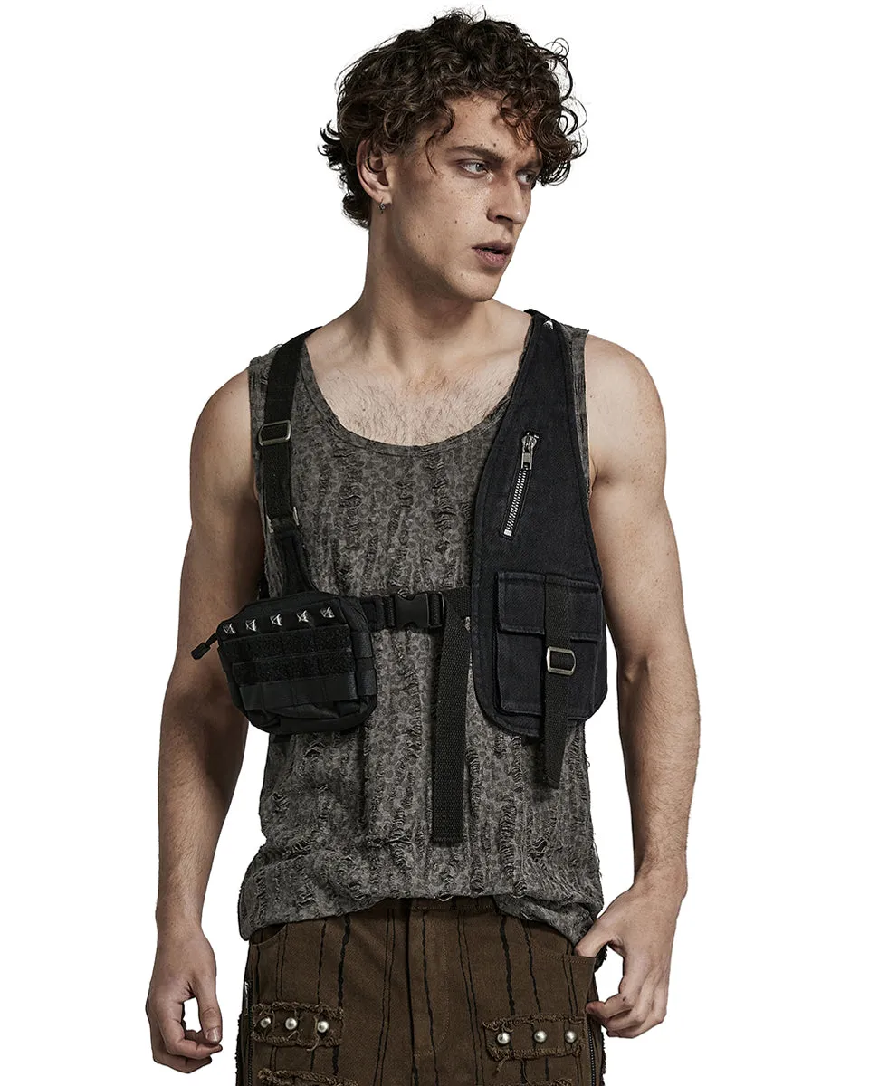 Y1517-BKM Mens Tactical Apocalyptic Gothic Utility Pocket Harness Top