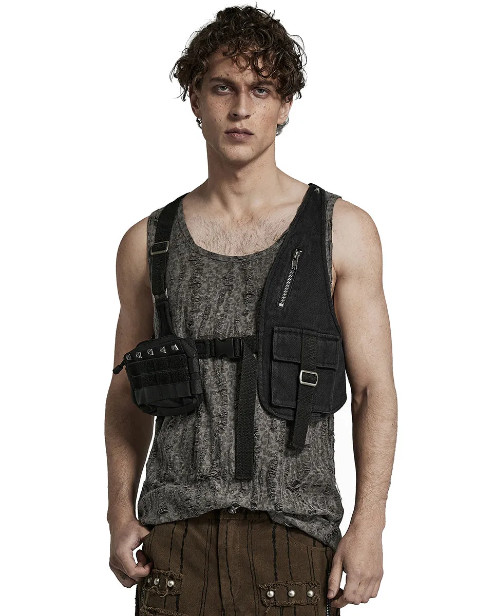 Y1517-BKM Mens Tactical Apocalyptic Gothic Utility Pocket Harness Top