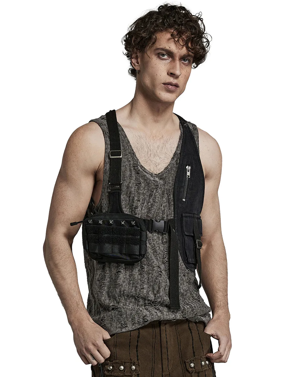Y1517-BKM Mens Tactical Apocalyptic Gothic Utility Pocket Harness Top