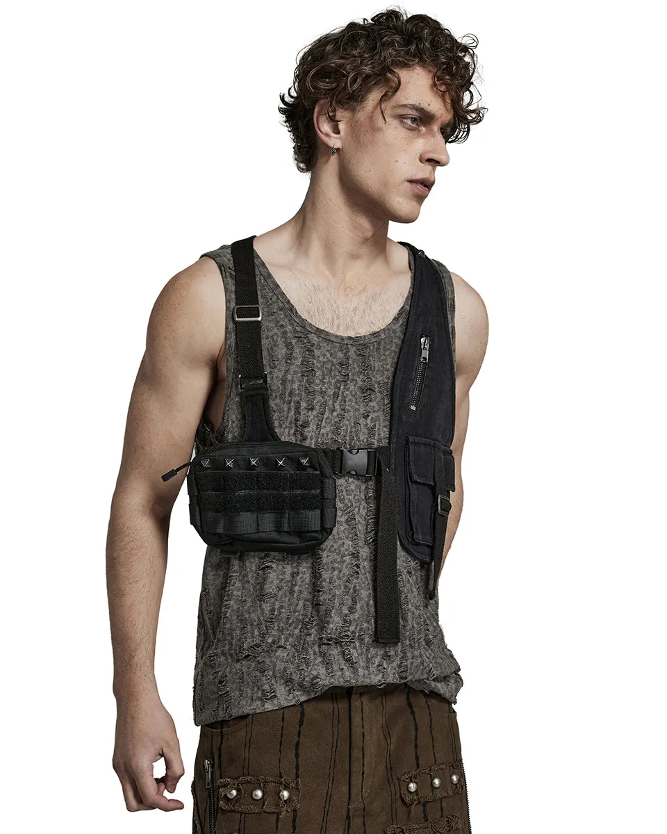 Y1517-BKM Mens Tactical Apocalyptic Gothic Utility Pocket Harness Top